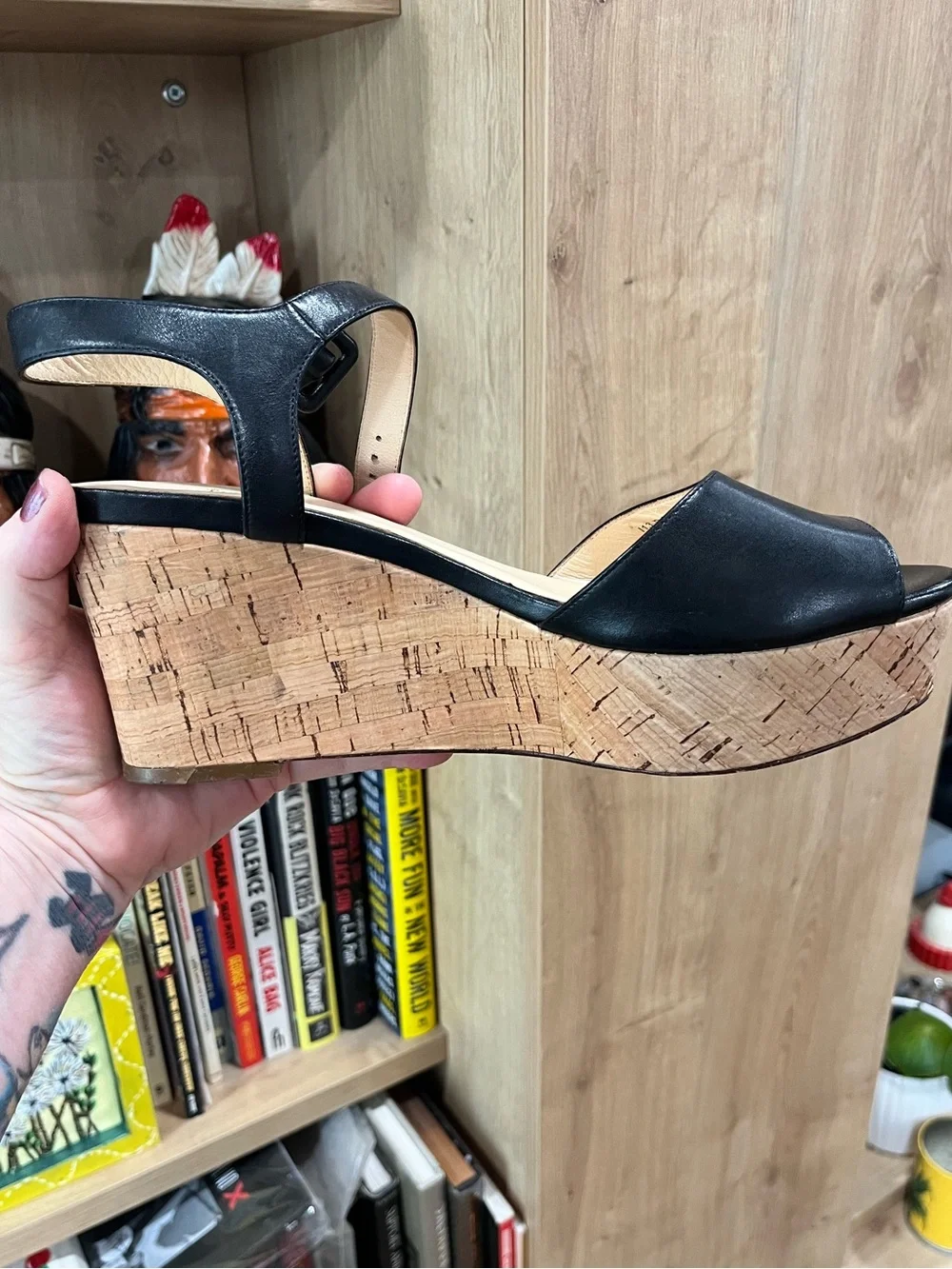 Cole Haan | Women | Gillian Black Leather Cork Wedge Platform Shoes | Size 9